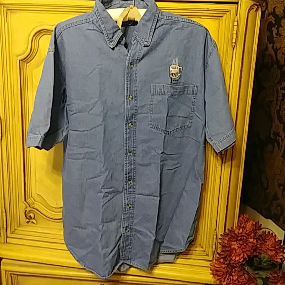Mens Womens CAFE DENIM Cotton shirt sz L B9 short sleeve button up blue coffee